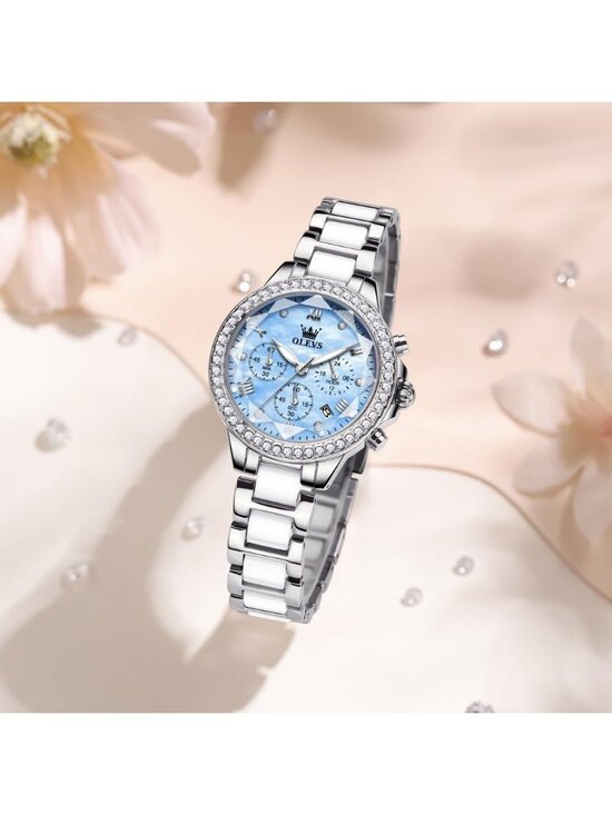 Women\'s Blue Silver Ceramic Diamond Chronograph Waterproof Casual Wrist Watch main image 7